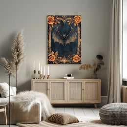 Gothic Bat Art Poster with Intricate Floral Design
