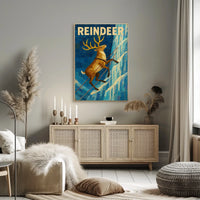 Reindeer Adventure on Icy Cliff Animal Poster