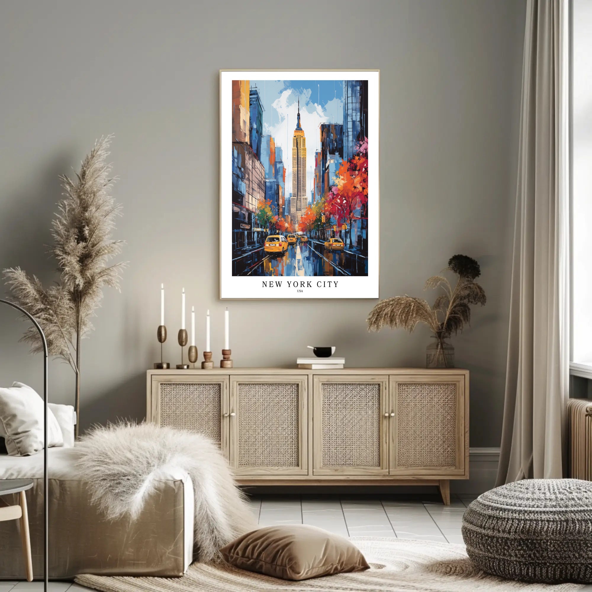 Vibrant Autumn NYC Scene with Empire State Building Cityscape Poster PosterGoat