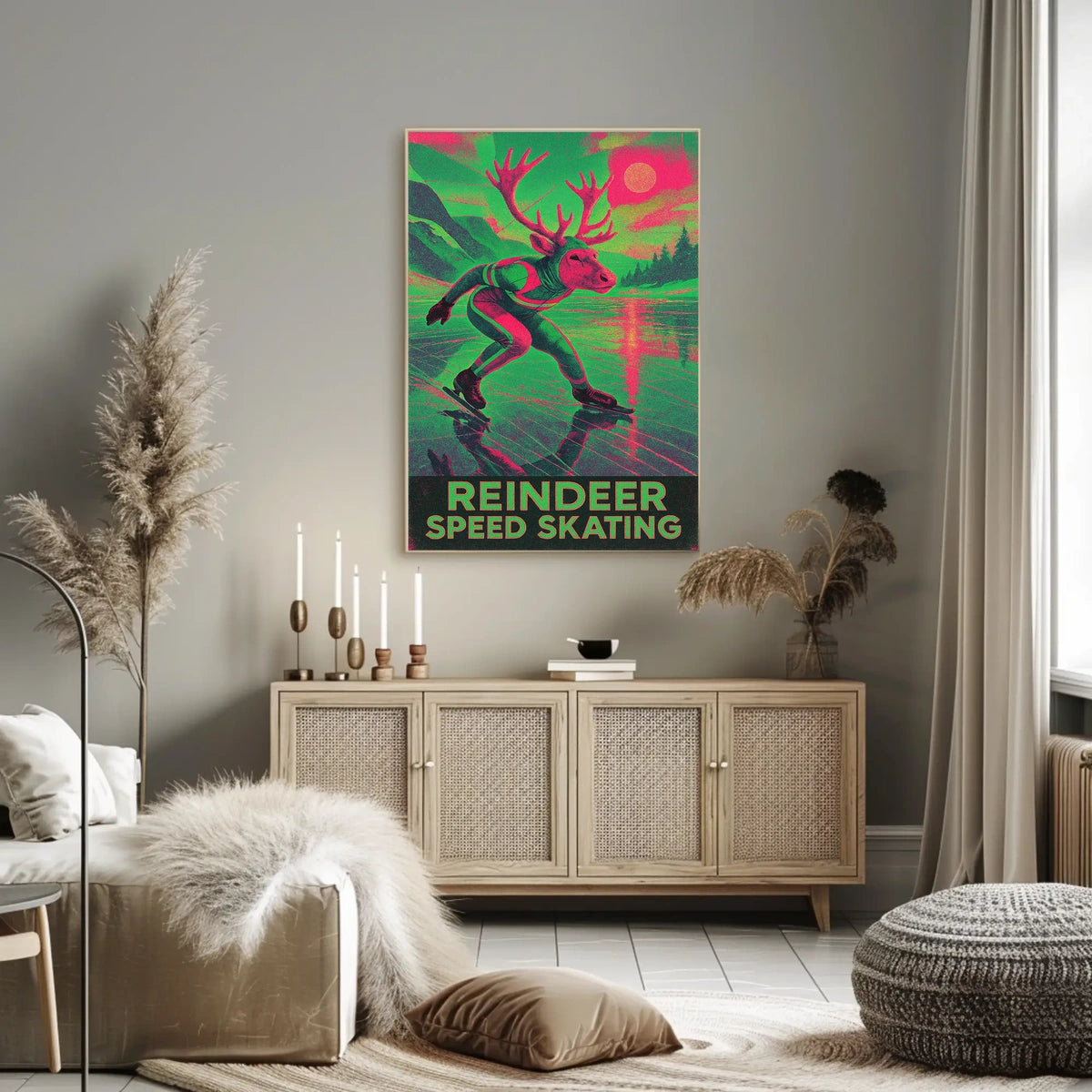 Reindeer Speed Skating Whimsical Winter Art Poster