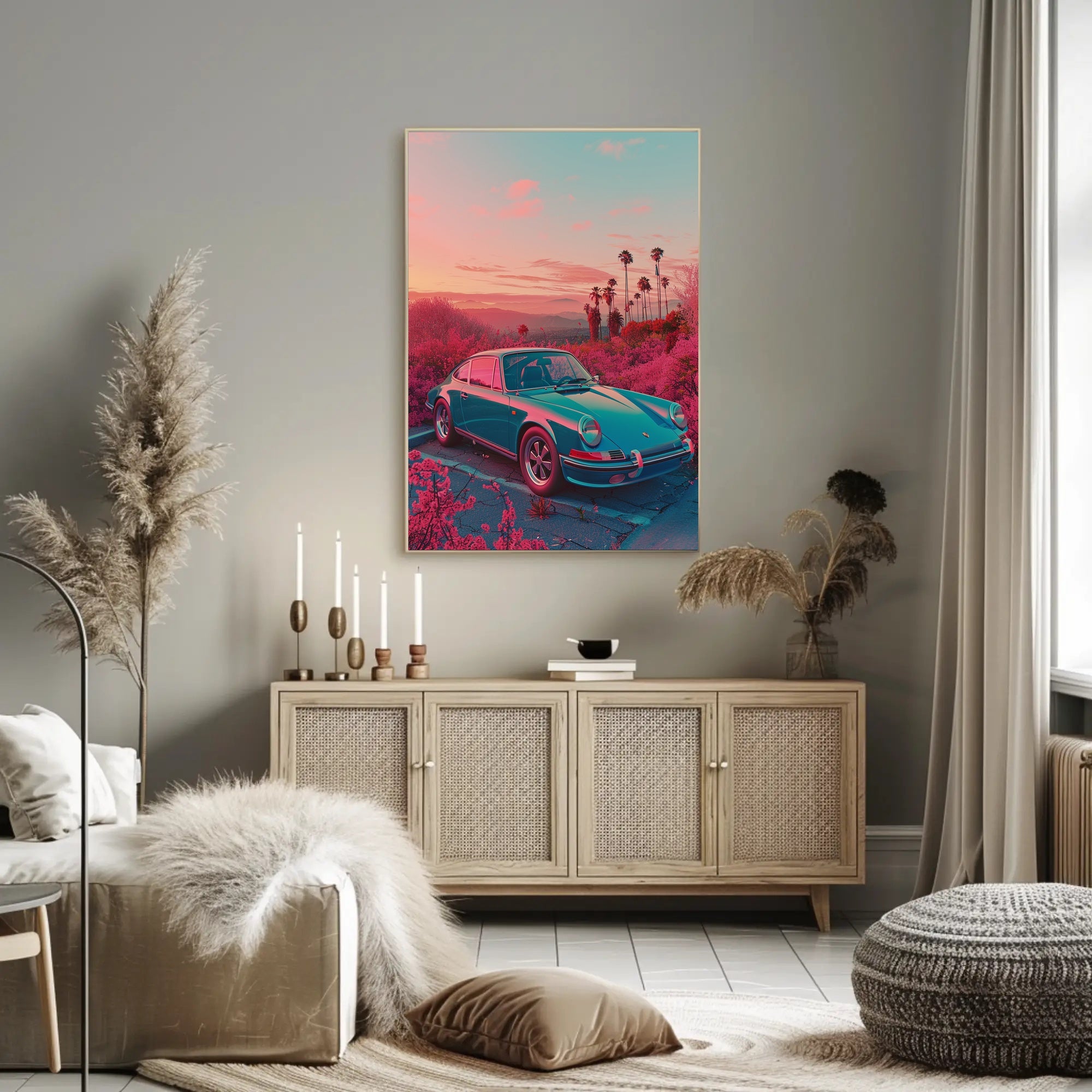 Vintage Car In Dreamy Landscape Poster Art Print PosterGoat