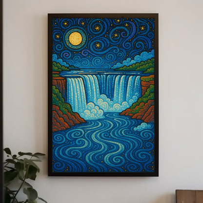 Starry Waterfall Night Moon Swirling Travel Poster