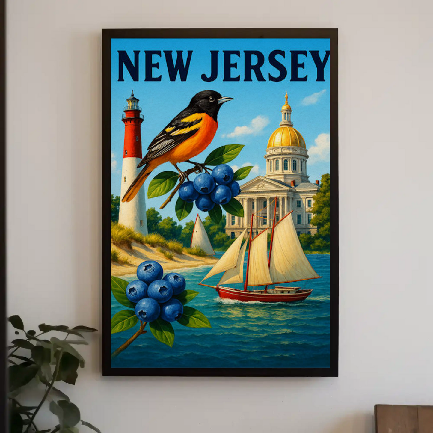 New Jersey State Symbols Blueberries Sailboat Bird Travel Poster Travel Poster