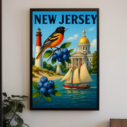 New Jersey State Symbols Blueberries Sailboat Bird Travel Poster Travel Poster