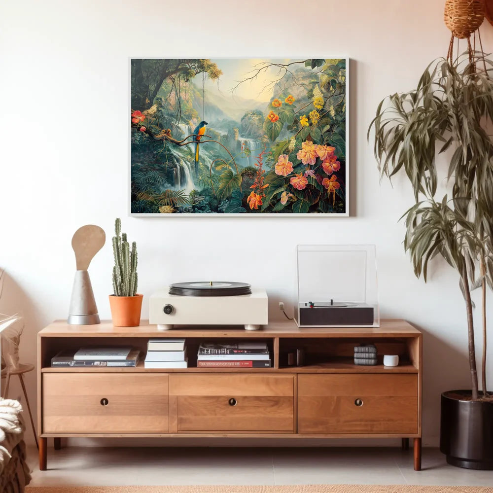 Vibrant Jungle Scene with Exotic Waterfalls Poster