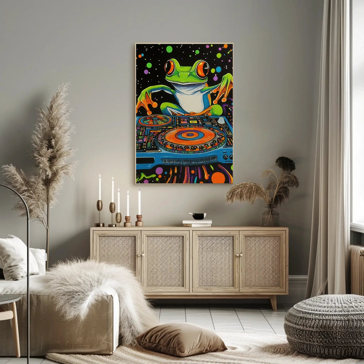 The poster is a vibrant and psychedelic illustration featuring a large, cartoonish frog Travel Poster