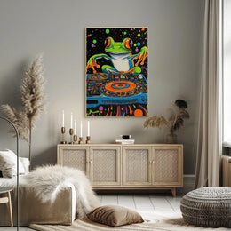The poster is a vibrant and psychedelic illustration featuring a large, cartoonish frog Travel Poster