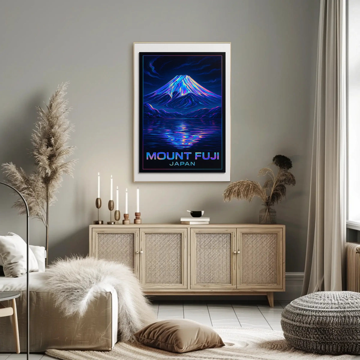 Mount Fuji Neon Reflections Iridescent Futuristic SciFi Vaporwave Dreamscape Poster