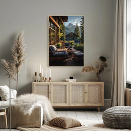 Serene Mountain Retreat Photorealistic Travel Poster