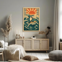 Surfing Shark Japanese Sun Vintage Cartoon Poster