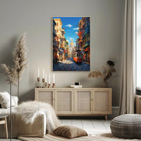 Vibrant Cityscape with Historical Trolley Travel Poster