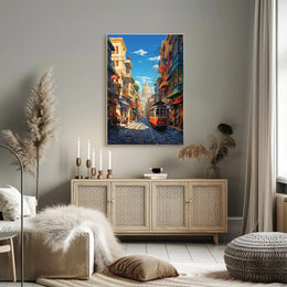 Vibrant Cityscape with Historical Trolley Travel Poster