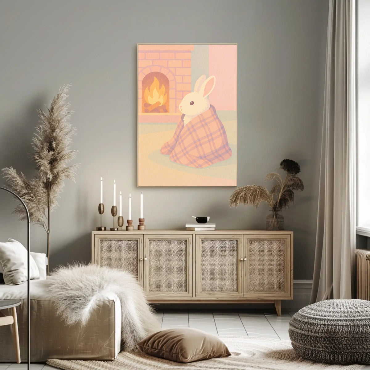 Cozy Bunny by the Fireplace Poster