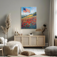 peaceful field of poppies with one large American flag Poster