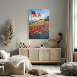 peaceful field of poppies with one large American flag Poster