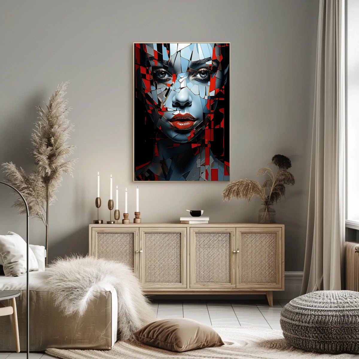 Fragmented Mosaic Female Face: Abstract Art Poster