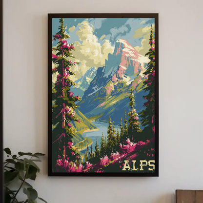 Alps Pink Flowers Lake Valley Peaks Travel Poster