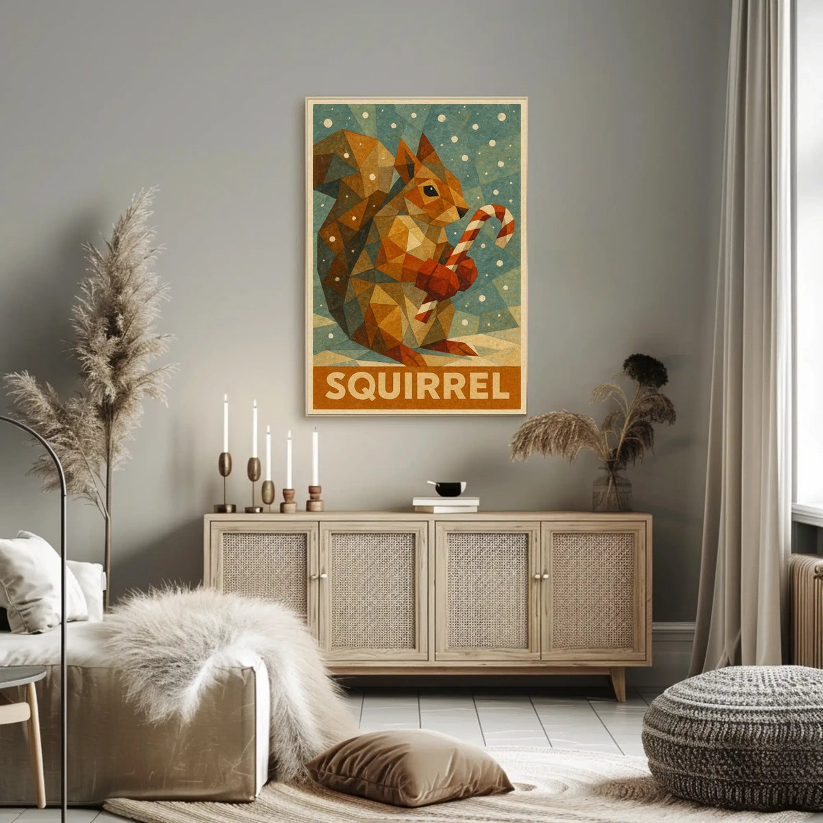 Geometric Squirrel with Candy Cane Poster