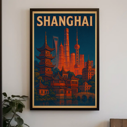 Shanghai Skyline and Pagodas Night Poster