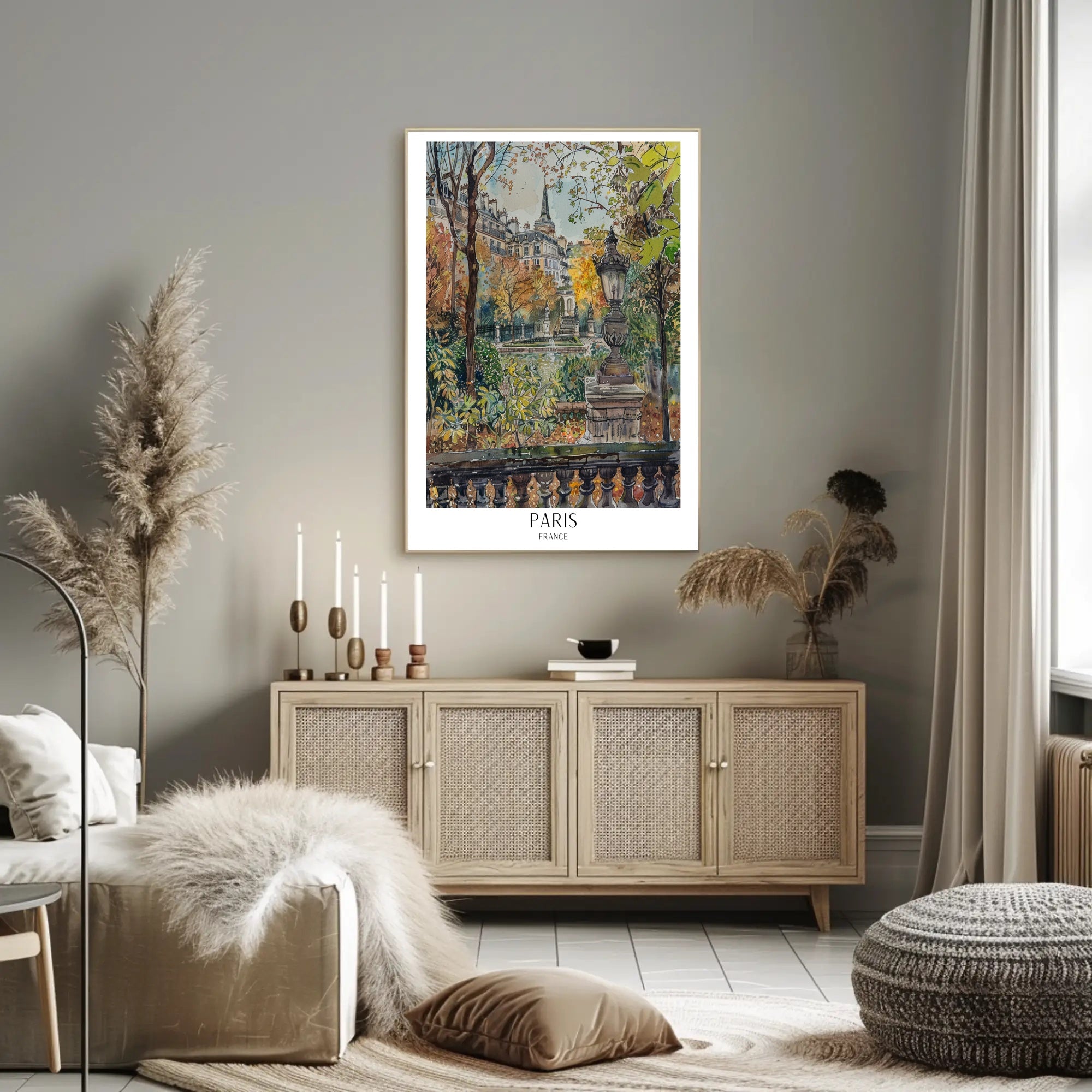 Parisian Autumn Elegance Watercolor in Urban or Cityscape Poster PosterGoat