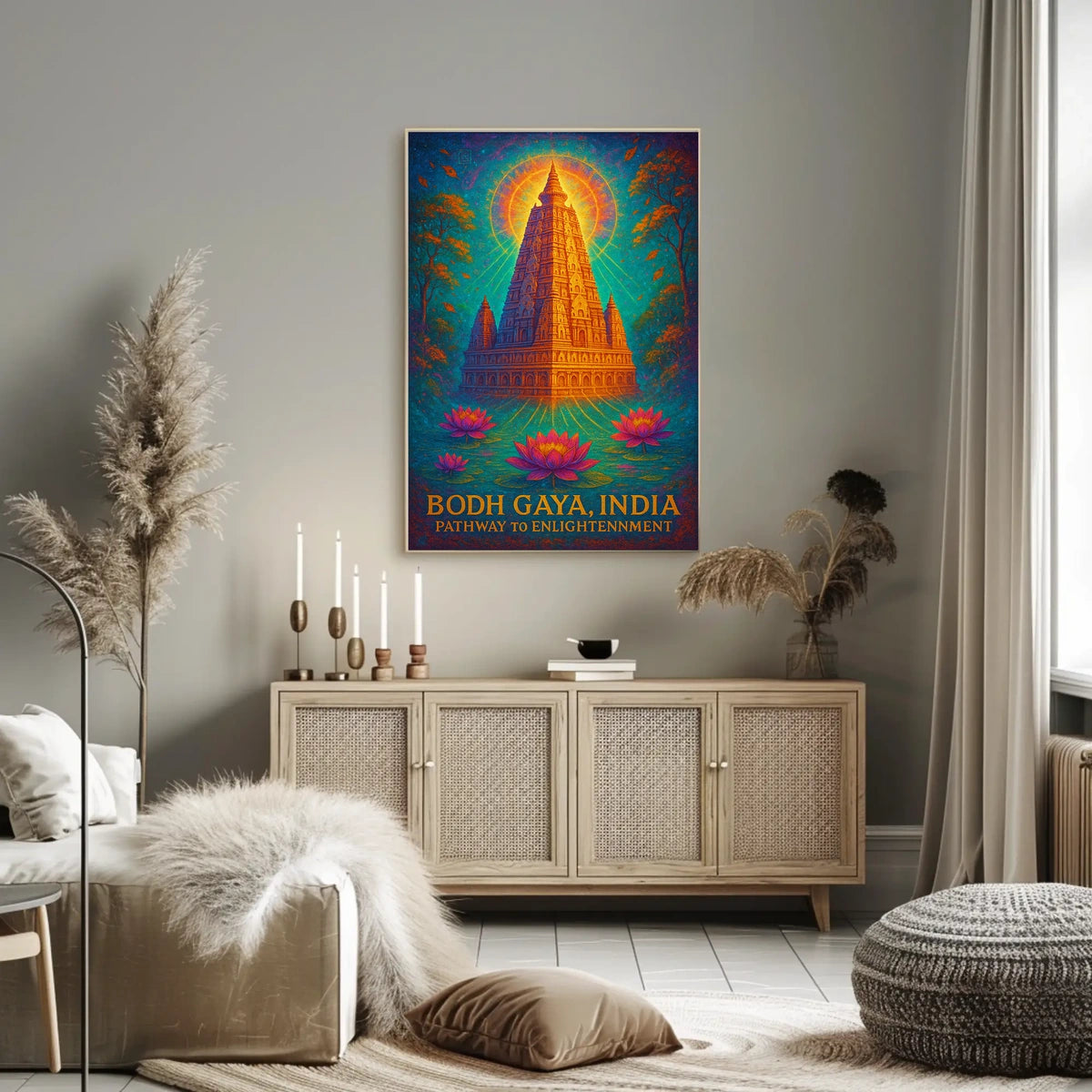 Bodh Gaya Spiritual Enlightenment Poster with Lotus Flowers