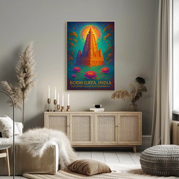 Bodh Gaya Spiritual Enlightenment Poster with Lotus Flowers