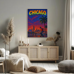 Skateboarding at Sunset in Vibrant Urban Cityscape Poster PosterGoat