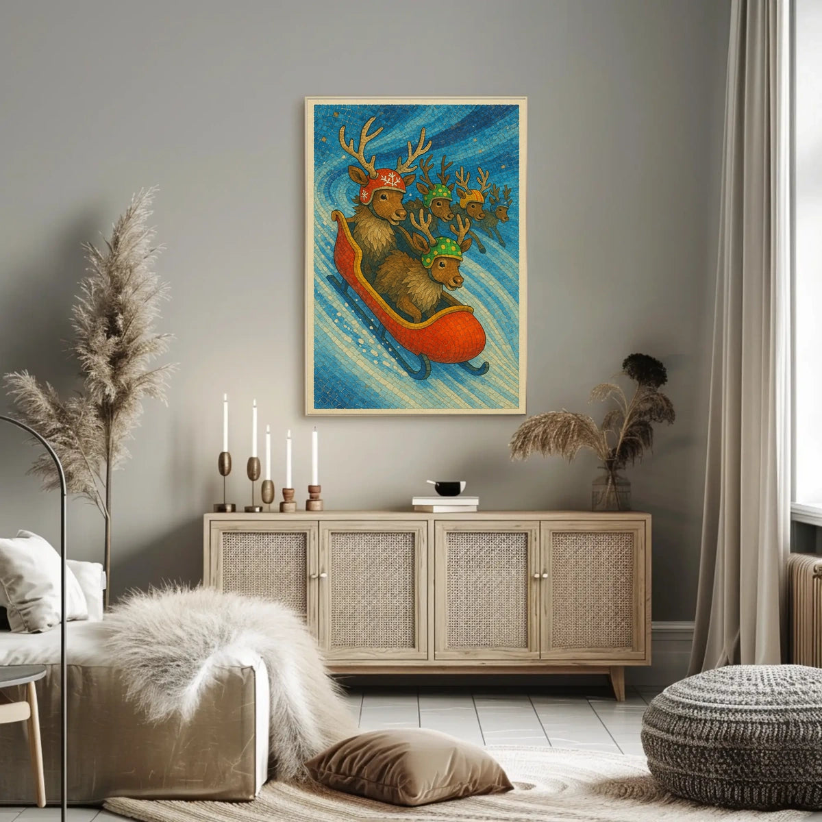 Whimsical Reindeer Sledding Festive Holiday Poster Art