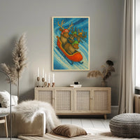 Whimsical Reindeer Sledding Festive Holiday Poster Art