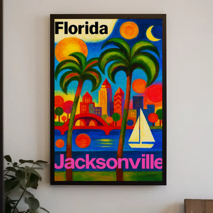 Jacksonville Florida Vibrant Skyline With Sailboat Travel Poster
