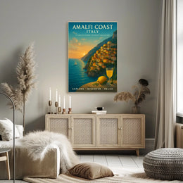 The poster showcases the Amalfi Coast in Italy, emphasizing its timeless beauty and Travel Poster