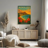 Honolulu Vintage Travel Poster Tropical Beachfront Art