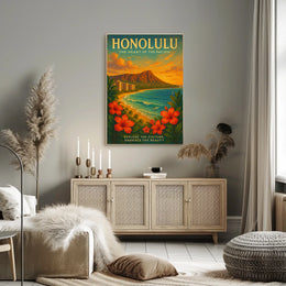 Honolulu Vintage Travel Poster Tropical Beachfront Art