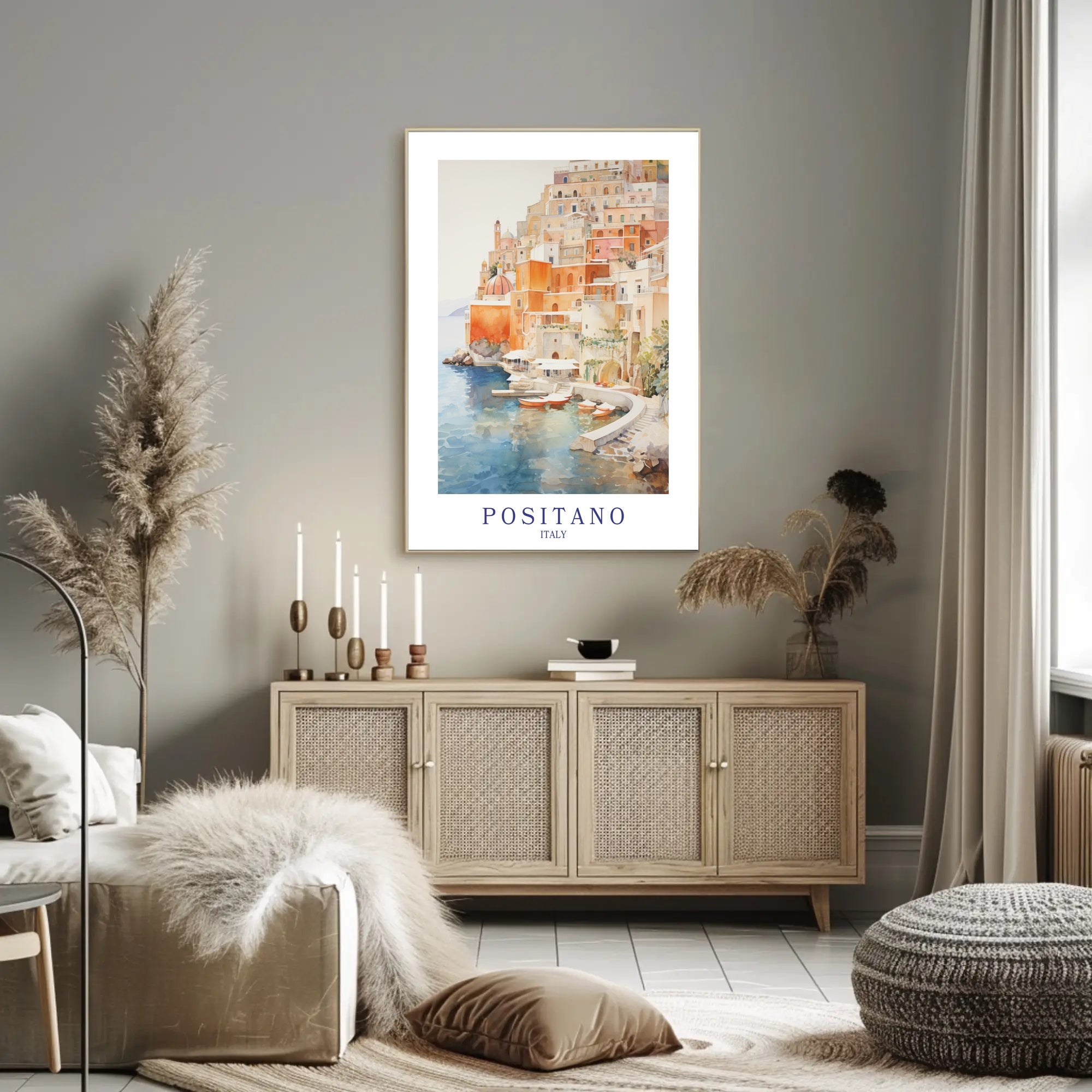 Positano Dreamscape: Serene Watercolor Travel Poster PosterGoat