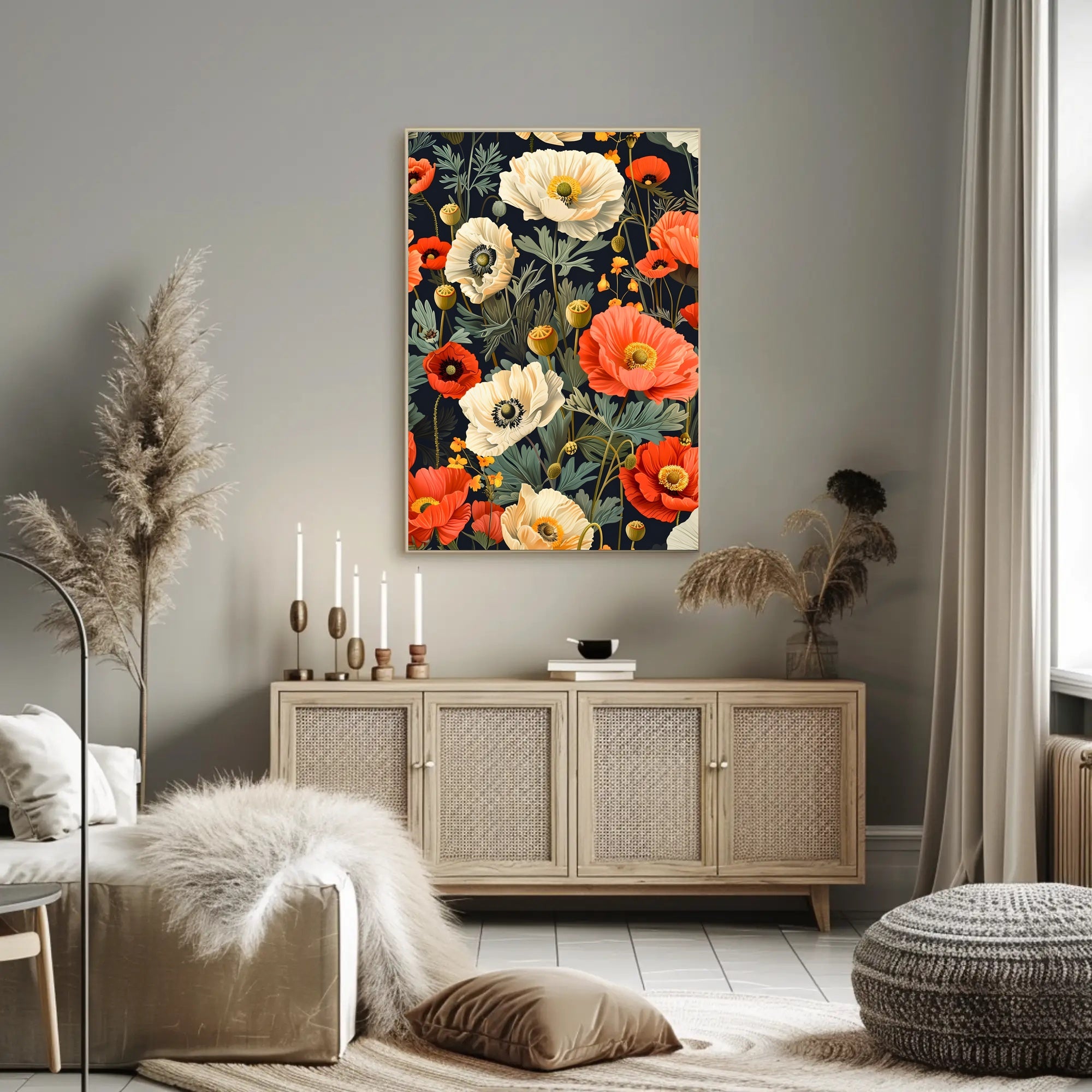 Lush Botanical Garden Scene with Poppies Artistic Poster