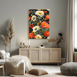 Lush Botanical Garden Scene with Poppies Artistic Poster