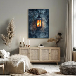 Rustic Lantern in Serene Nighttime Landscape Poster