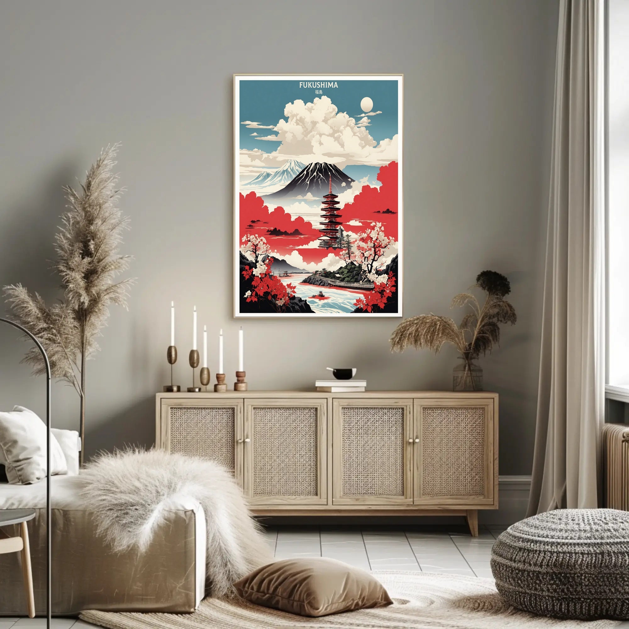 Japanese Tranquility Travel Poster with Pagoda and Mount Fuji