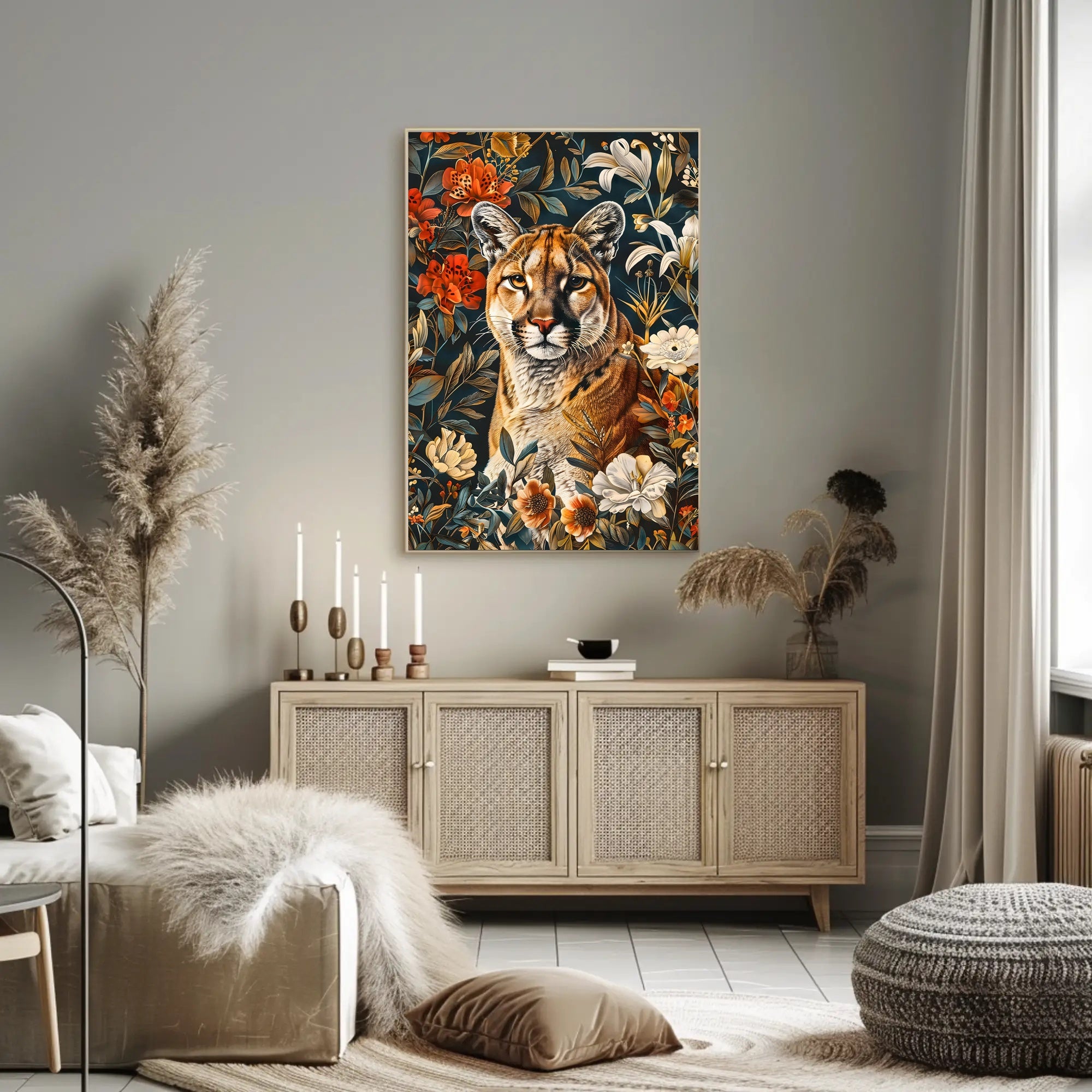 Majestic Cougar Floral Wall Art Print