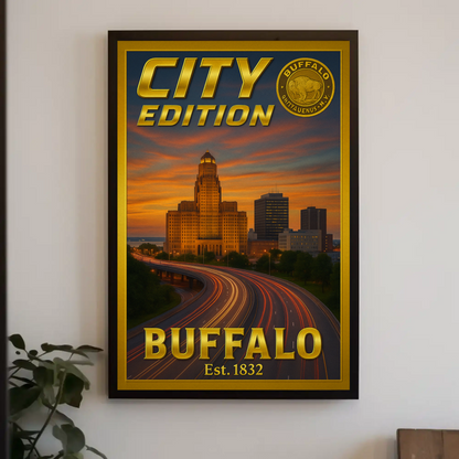 Buffalo New York Skyline Highway Sunset Poster Poster