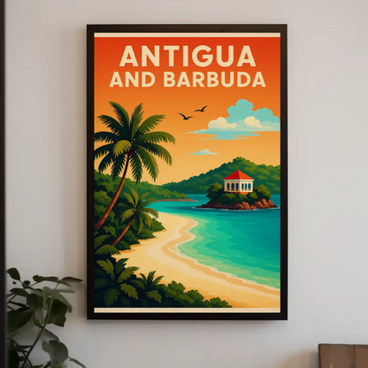 Antigua And Barbuda Caribbean Beach Sunset Travel Poster