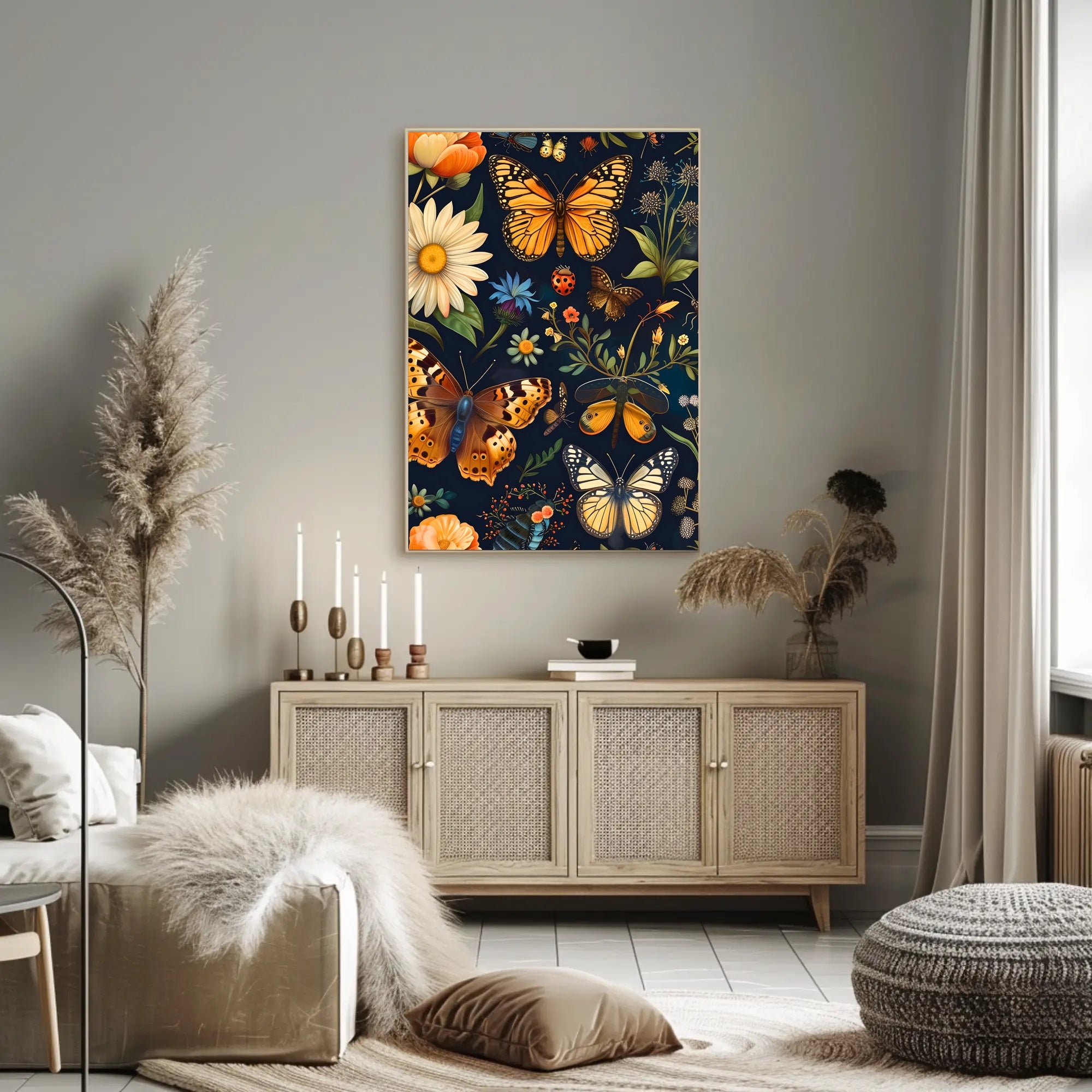 Colorful Nature Art: Butterfly and Flower Animal Poster