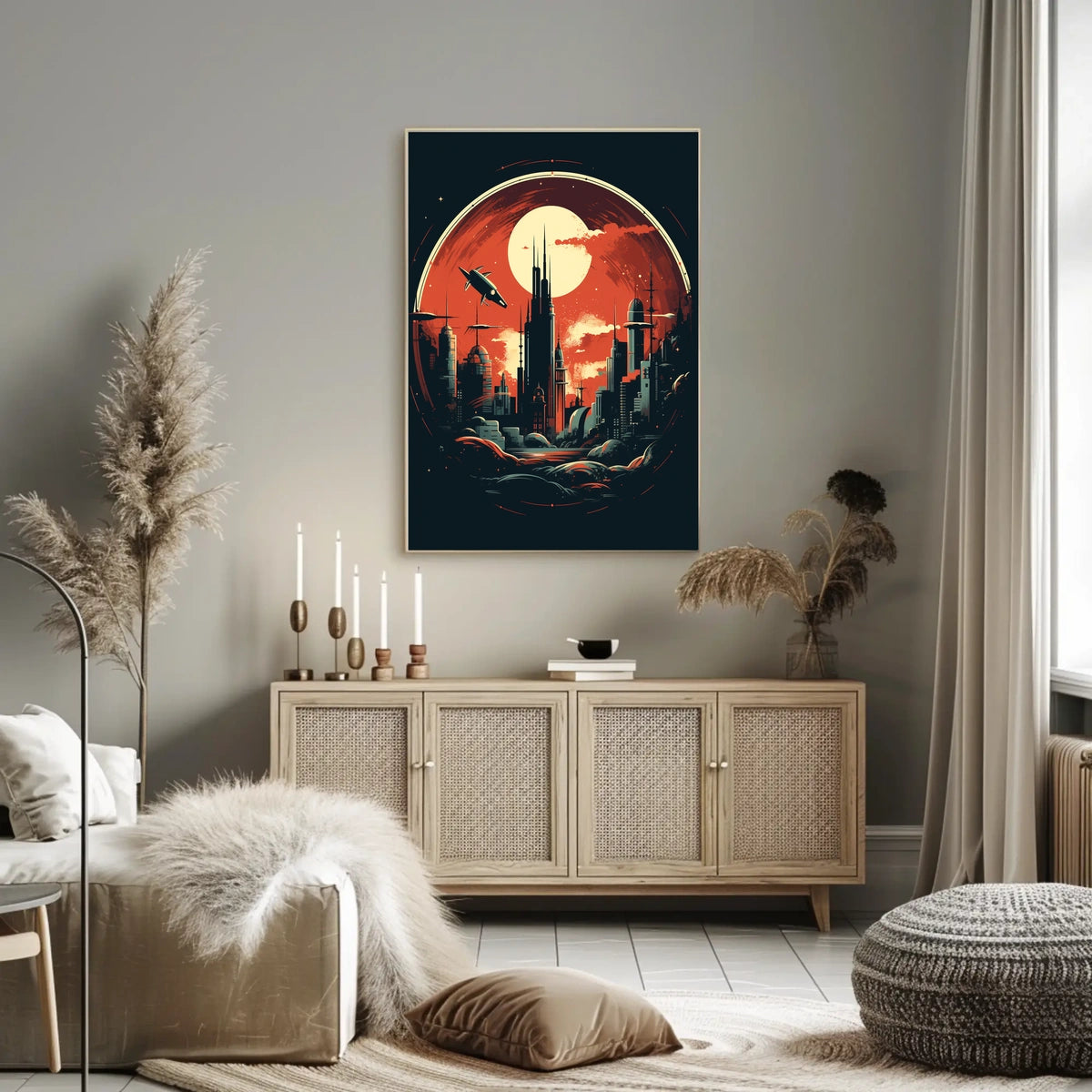 Futuristic Cityscape Under a Crimson Sky Poster