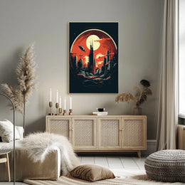 Futuristic Cityscape Under a Crimson Sky Poster