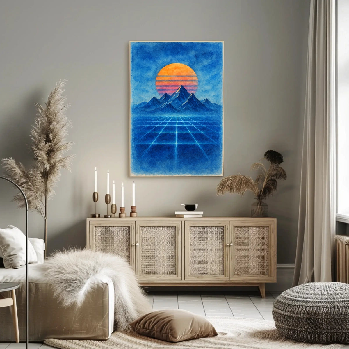 Retro-Futuristic Synthwave Sunset Artistic Poster