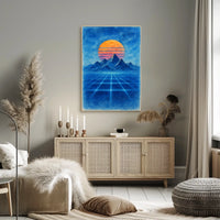 Retro-Futuristic Synthwave Sunset Artistic Poster