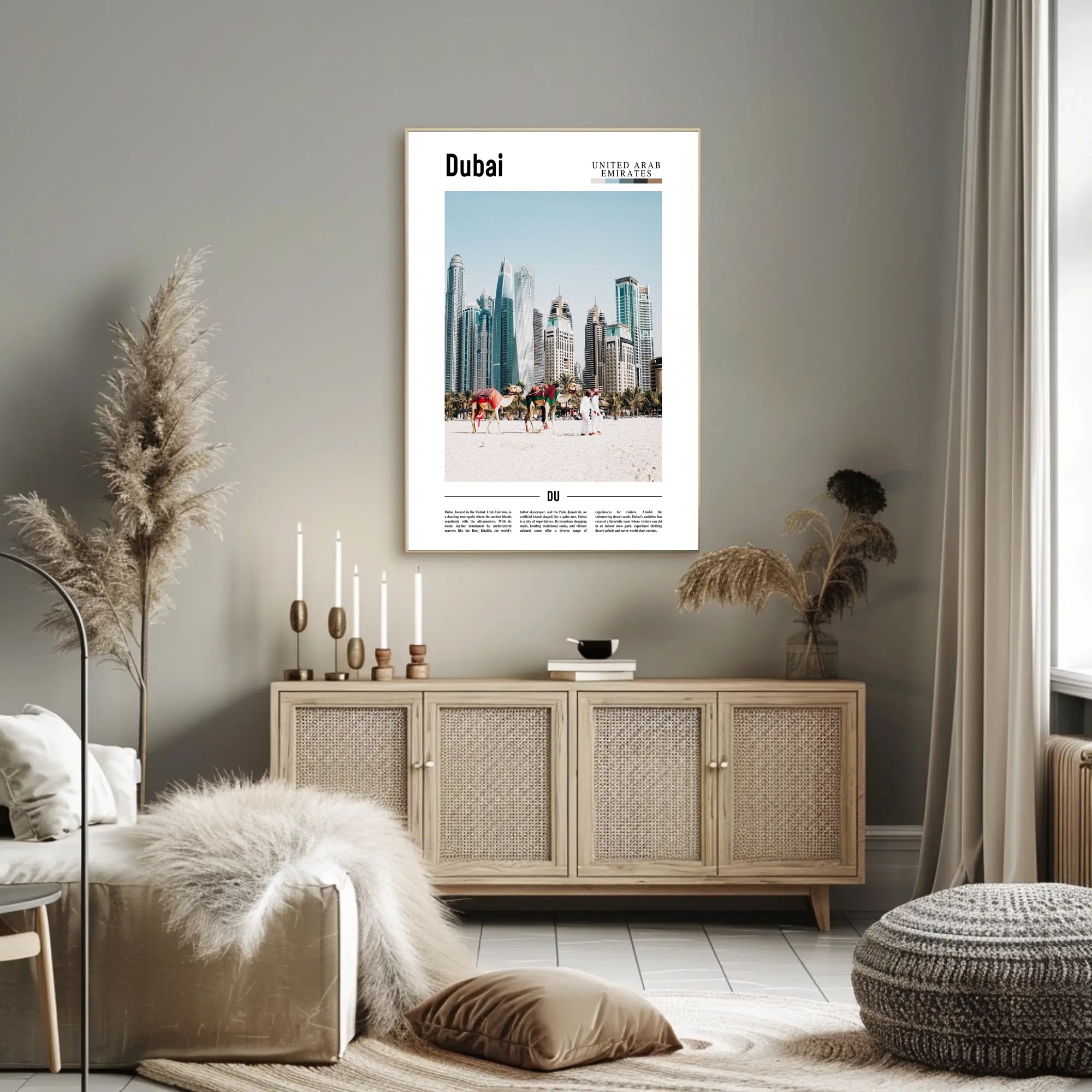Dubai Skyline and Camels Travel Poster PosterGoat