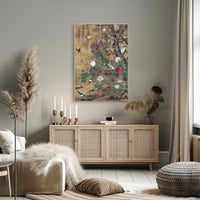 Serene Nature: Vibrant Peacocks and Blossoming Trees Poster