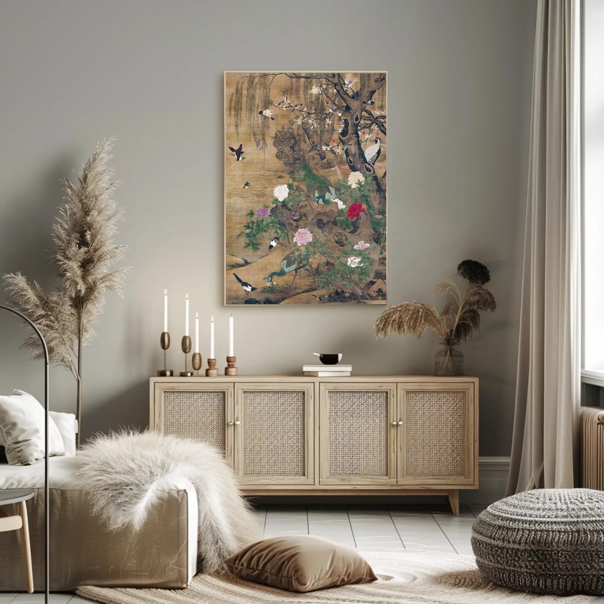 Serene Nature: Vibrant Peacocks and Blossoming Trees Poster