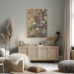 Serene Nature: Vibrant Peacocks and Blossoming Trees Poster
